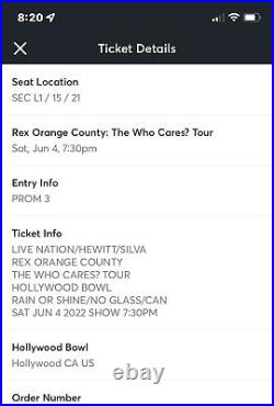 1 Ticket Rex Orange County 6/4/22 Hollywood Bowl Los Angeles, CA Sec L1 Row 15