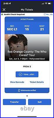 1 Ticket Rex Orange County 6/4/22 Hollywood Bowl Los Angeles, CA Sec L1 Row 15