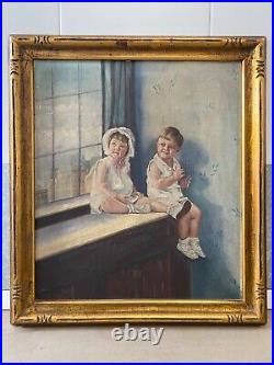 Antique Old Social Realism Twins Portrait Oil Painting, Los Angeles 1931