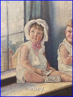Antique Old Social Realism Twins Portrait Oil Painting, Los Angeles 1931