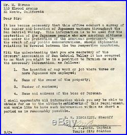 Aug 1941 Los Angeles County Sheriff Letter (Anticipating Japanese Internment)
