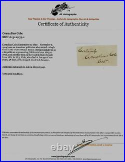 California Congressman Cornelius Cole Clipped Signature JG Autographs COA