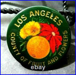 Crystoglas Button PINBACK WHITEHEAD HOAG CO. LOS ANGELES COUNTY OF FRUIT FLOWERS