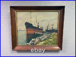 Ferdinand Kaufmann, Ship Docked in the Los Angeles Harbor Oil painting c. 1939