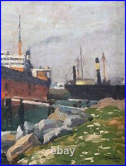 Ferdinand Kaufmann, Ship Docked in the Los Angeles Harbor Oil painting c. 1939