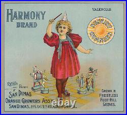 Harmony Brand VINTAGE San Dimas, California Orange Crate Label 1928 Authentic