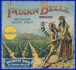 Indian Belle Brand VINTAGE Porterville, California Grapefruit Crate Label 1916