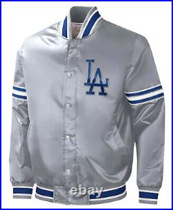 MLB Los Angeles Dodgers Silver Gray Satin Letterman Baseball Varsity Jacket