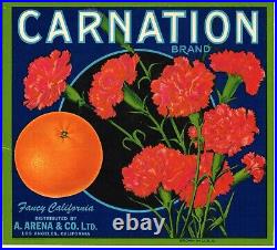 Original 1930s Orange Crate Label Los Angeles Vintage Arenas Carnation Fancy
