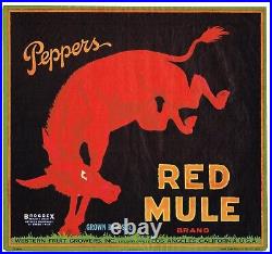 Original Orange Crate Label Rare 1926 Peppers Red Mule Los Angeles Fantasy