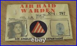 RARE 1940's WWII Identification CardAIR RAID WARDEN Los Angeles County
