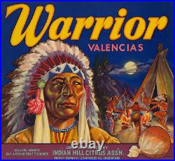 Warrior Brand VINTAGE North Pomona California Orange Crate Label 1930s Authentic